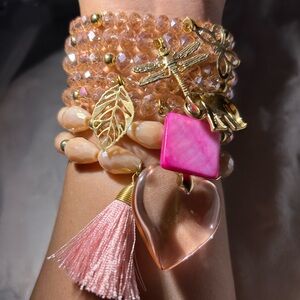 Artisanal Gold and Pink Charm Bracelet Set